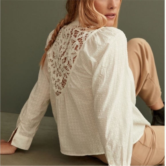 Anthropologie Pilcro Lace Back Button Down Blouse Cottagecore Ivory XSP NEW - Picture 1 of 13